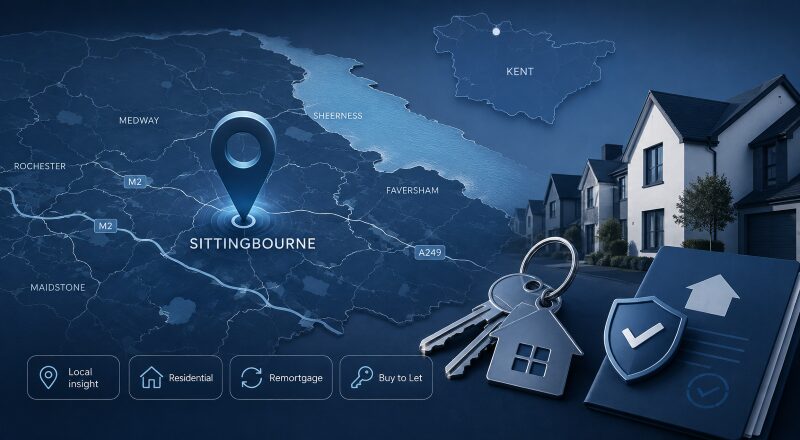 Mortgage Broker in Sittingbourne location map with property, key and mortgage icons in Connect Experts blue branding.