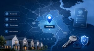 Mortgage Broker in Swanley location map with property, mortgage, key and protection icons in dark blue and light blue branding.