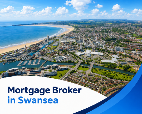 Bright summer aerial view of Swansea with a sweeping sandy bay, marina, city centre, river, roads and green hills under realistic clouds, with branded blue and white graphics reading “Mortgage Broker in Swansea”.
