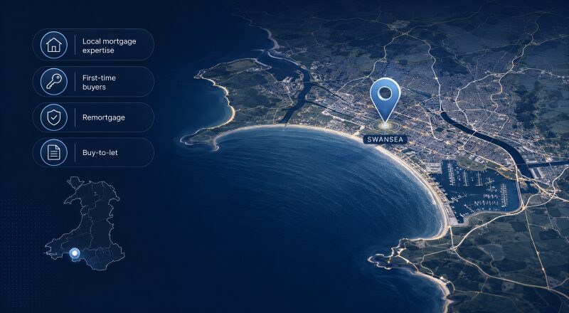 Mortgage Broker in Swansea SA1 location map highlighting Swansea Bay with mortgage service icons.