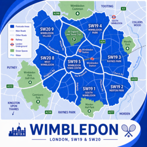 A square, blue-themed postcode map of Wimbledon in London, styled with curved branded borders. The map highlights postcode areas SW19 and SW20, including subdivisions such as SW19 1, SW19 2, SW19 3, SW19 4, SW19 5, SW20 8, and SW20 9. Major roads such as the A24, A298, A238, A217, and A420 are labelled. Wimbledon town centre is marked near the middle, with Wimbledon Station and South Wimbledon Underground station indicated. Landmarks such as the All England Lawn Tennis Club are shown, along with green spaces including Wimbledon Common, Cannizaro Park, Morden Hall Park, and Wandle Park. Nearby areas such as Putney, Raynes Park, Tooting, and Kingston upon Thames are labelled. The design uses layered blue tones with white text and clean boundary lines for clarity.