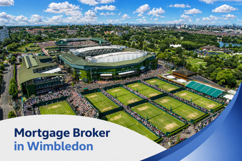 A bright, high-resolution aerial view of Wimbledon on a clear summer’s day, featuring iconic green tennis courts filled with spectators, surrounded by lush trees and suburban London buildings under a vivid blue sky with natural, scattered clouds. A clean, curved white and blue graphic overlay sits at the bottom, displaying the text “Mortgage Broker in Wimbledon” in a modern, bold font, creating a professional and polished promotional design.