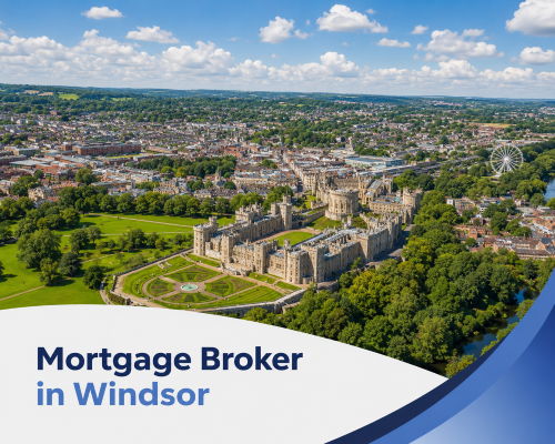 Bright summer aerial view of Windsor Castle and the surrounding town under realistic white clouds, with green parkland, dense buildings and branded blue and white graphics reading “Mortgage Broker in Windsor”.