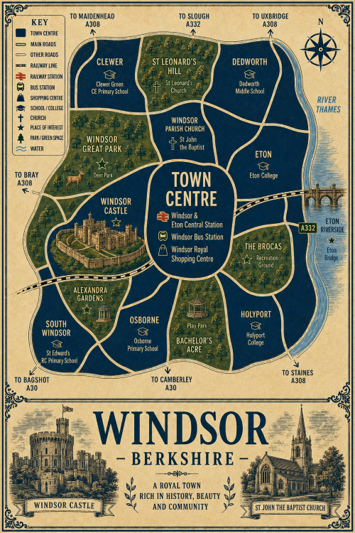 Vintage illustrated map poster of Windsor, Berkshire, with a cream parchment background and dark navy neighbourhood areas centred on Windsor Town Centre. The map shows labelled roads, railway line, Windsor & Eton Central Station, Windsor Bus Station, shopping centre, schools, churches, parks, green spaces and the River Thames. Surrounding areas include Clewer, St Leonard’s Hill, Dedworth, Eton, South Windsor, Osborne, Bachelor’s Acre and Holyport. Key landmarks include Windsor Castle, Windsor Great Park, Windsor Royal Shopping Centre, St John the Baptist Church, Eton College, Eton Bridge, The Brocas, Alexandra Gardens and Bachelor’s Acre. A decorative lower panel reads “WINDSOR, BERKSHIRE” with engraved-style illustrations of Windsor Castle and St John the Baptist Church, plus the subtitle “A royal town rich in history, beauty and community.”