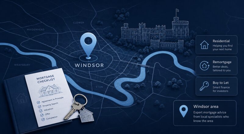 Mortgage Broker in Windsor hero image featuring a stylised Windsor map, location pin, Windsor Castle outline, mortgage checklist, key and property finance icons.