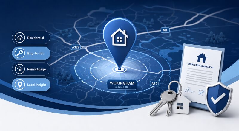 Mortgage Broker in Wokingham location map with property pin, mortgage agreement, house keys and mortgage service icons in dark blue and light blue.