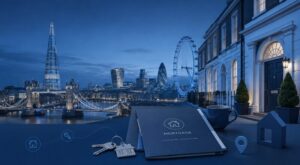 Mortgage Brokers in London with a blue-toned London skyline, Tower Bridge, the Shard, London Eye and residential property details.