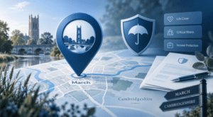 Protection Adviser in March, Cambridgeshire, with location map pin and protection insurance icons for life cover, critical illness and income protection.