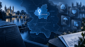Protection Adviser in Peterborough – Cambridgeshire location map with protection icons for life cover, income protection and family protection.
