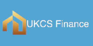 UKCS Finance logo featuring a stylised gold geometric house icon beside white text on a blue background.