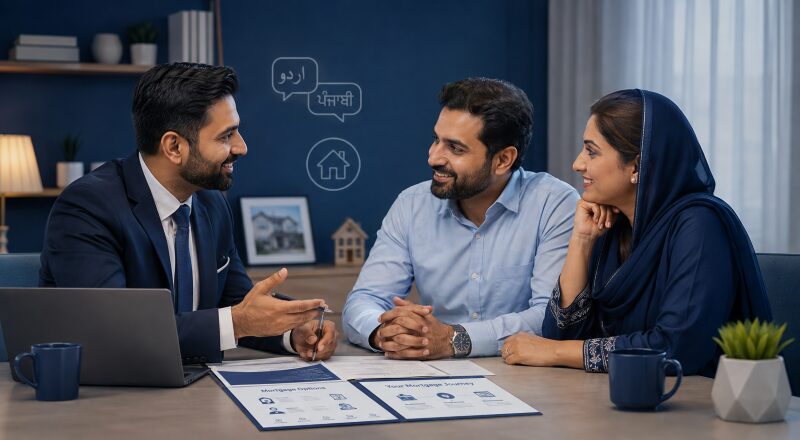 Urdu and Punjabi Mortgage Adviser discussing mortgage options with a South Asian couple.