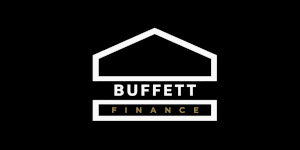 Buffett Finance logo featuring a minimalist white roof outline above the word “BUFFETT” in bold uppercase letters, with “FINANCE” displayed below inside a narrow rectangular bar on a black background.