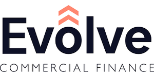Evolve Commercial Finance logo featuring navy text with a coral arrow icon above the letter O, representing the Warrington-based mortgage and commercial finance firm.