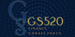 GS520 Finance Consultants logo with large stylised “GS” lettering and gold text on a dark blue patterned background.