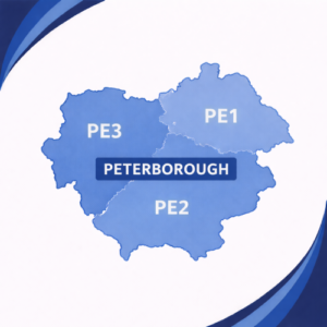 map in blue tones showing Peterborough with postcode districts PE1, PE2 and PE3. Each postcode area is separated by white internal boundaries and outlined with a darker blue outer edge, labelled in white text. The word “Peterborough” appears prominently across the centre of the map. The background features curved layered blue branding elements in the corners, with no surrounding towns or additional geographic detail shown.