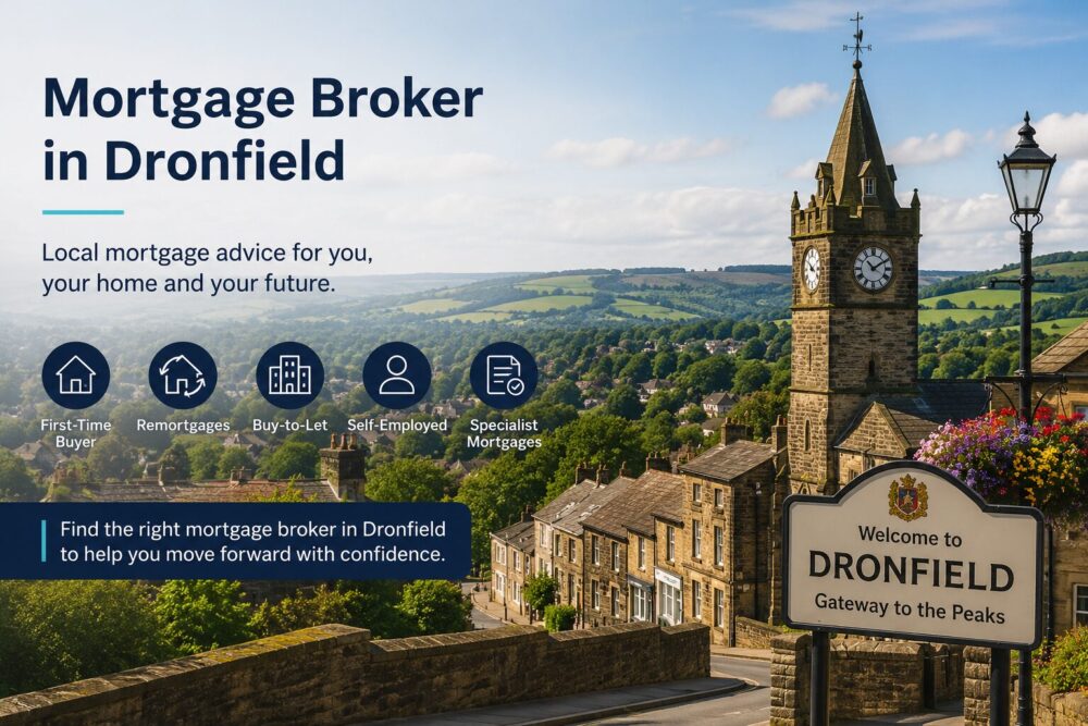Mortgage Broker in Dronfield hero image showing local mortgage advice icons, countryside views and Dronfield town signage.