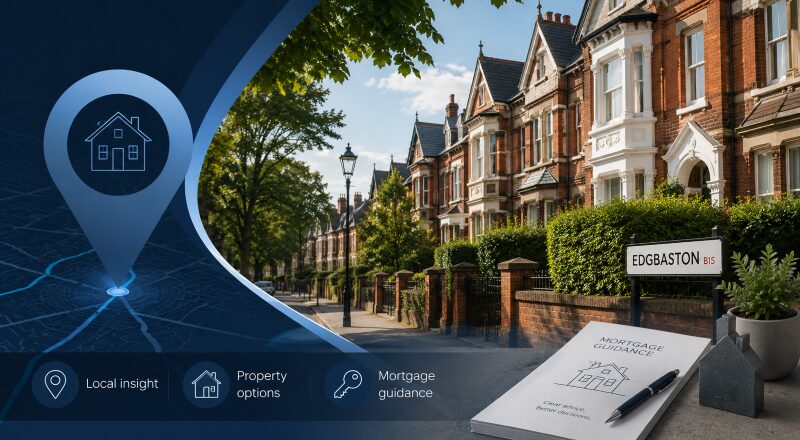 Mortgage Broker in Edgbaston with local property guidance, mortgage icons and a leafy residential street.