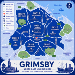 A square, blue-themed postcode map of Grimsby in North East Lincolnshire, styled with curved branded borders. The map highlights postcode areas including DN31 and DN37, with subdivisions such as DN31 1, DN31 2, DN31 3, DN31 7, DN31 8, DN37 0, and DN37 9. Major roads such as the A180, A16, A1243, A1136, and A46 are labelled. Grimsby town centre (DN31 2) is marked near the middle, with Grimsby Town Station indicated. Key landmarks such as Freshney Place Shopping Centre, Grimsby Minster, and local schools are shown. Nearby areas including Cleethorpes, Immingham, Laceby, Waltham, and Humberston are labelled. Green spaces such as People’s Park, Weelsby Woods, Grant Thorold Park, and East Marsh Nature Reserve are shown in green, with Grimsby Docks and the North Sea along the eastern edge. The design uses layered blue tones with white text and clean boundary lines for clarity.