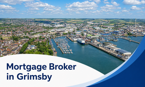 Mortgage Broker in Grimsby banner showing a bright summer aerial view of Grimsby’s harbour, marina, docks, boats, and waterfront industry beneath realistic fluffy clouds, with a white curved text panel and blue wave graphics.