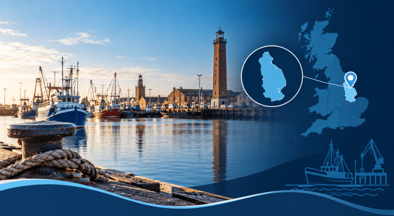 Mortgage Broker in Grimsby hero image showing Grimsby harbour, fishing boats, waterfront skyline, and a highlighted location map in Connect Experts blue branding.