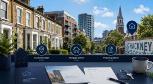 Mortgage Broker in Hackney with local homes, property guidance icons and mortgage documents.