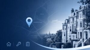 Mortgage Broker in Hampstead location map with a property pin, Hampstead homes and mortgage icons in dark and light blue.
