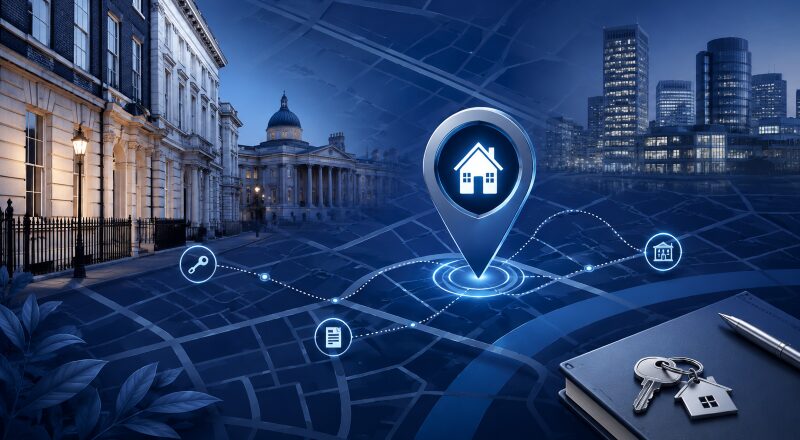Mortgage Broker in Holborn location map with a home pin, property icons and central London architecture.