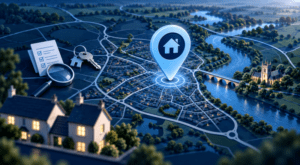 Mortgage Broker in Huntingdon – location map with home search pin, property icons and local housing imagery