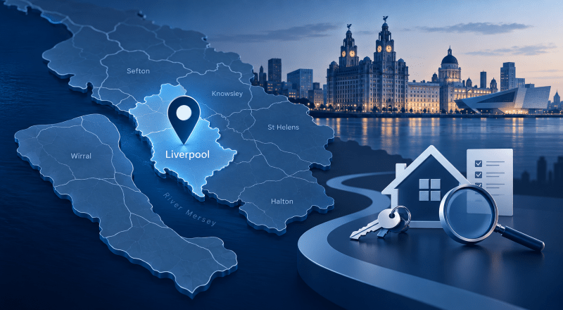 Mortgage Broker in Liverpool location map highlighting Liverpool and Merseyside with property search and home-buying icons.