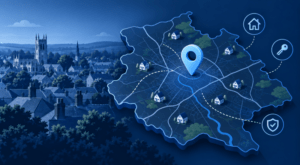 Mortgage Broker in Mansfield location map with property icons and local townscape