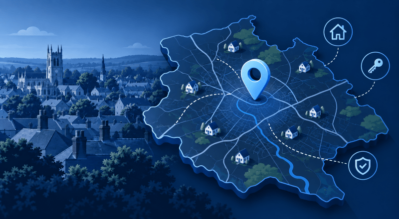 Mortgage Broker in Mansfield location map with property icons and local townscape