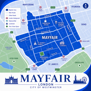 A square, blue-themed postcode map of Mayfair in central London, styled with curved branded borders. The map highlights the Mayfair area within the W1 postcode district. Key roads such as Oxford Street, Park Lane, Piccadilly, Regent Street, and Grosvenor Street are labelled. Landmarks including Grosvenor Square, Burlington Arcade, The Royal Academy of Arts, St George’s Church, and Claridge’s are marked. Nearby Underground stations such as Bond Street, Oxford Circus, Marble Arch, Green Park, and Piccadilly Circus are indicated. Surrounding areas including Marylebone, Soho, and St James’s are labelled, with Hyde Park and Green Park shown in green. The design uses layered blue tones with white text and clean boundary lines for clarity.