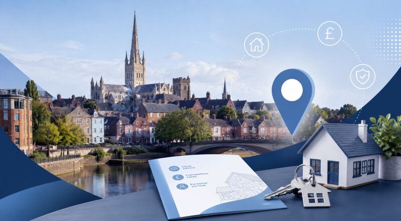 Mortgage Broker in Norwich with city landmarks, house keys and mortgage advice icons