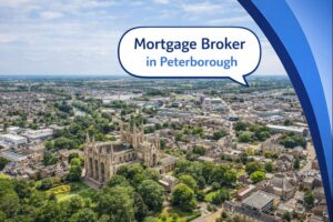 Mortgage Broker in Peterborough graphic showing an aerial view of Peterborough city centre with Peterborough Cathedral surrounded by greenery and urban buildings, presented as a location based promotional image.