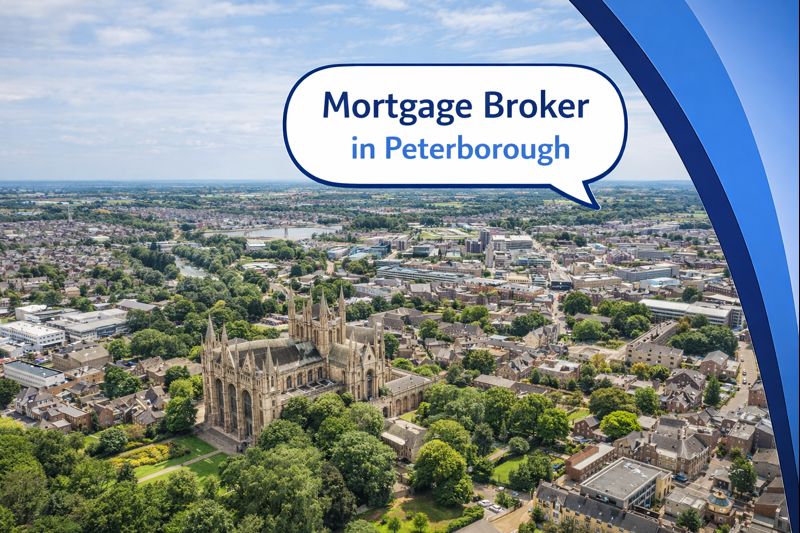 Mortgage Broker in Peterborough graphic showing an aerial view of Peterborough city centre with Peterborough Cathedral surrounded by greenery and urban buildings, presented as a location based promotional image.