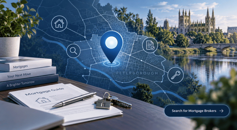 Mortgage Broker in Peterborough location map with property search icons, house keys and Peterborough Cathedral in the background.