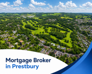 Bright summer aerial view of Prestbury with a large green golf course, surrounding leafy residential homes, rolling countryside and realistic clouds, with branded blue and white graphics reading “Mortgage Broker in Prestbury”.
