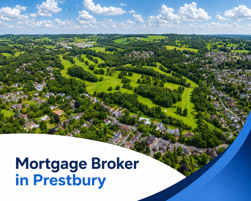 Bright summer aerial view of Prestbury with a large green golf course, surrounding leafy residential homes, rolling countryside and realistic clouds, with branded blue and white graphics reading “Mortgage Broker in Prestbury”.