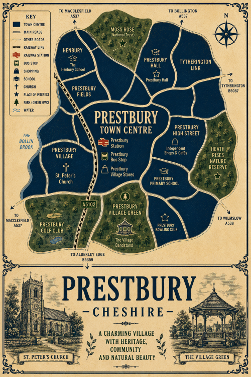 Vintage illustrated map poster of Prestbury, Cheshire, with a cream parchment background and dark navy neighbourhood areas centred on Prestbury Town Centre. The map shows labelled roads, railway line, Prestbury Station, bus stop, shops, schools, churches, parks, green spaces and the Bollin Brook. Surrounding areas include Henbury, Prestbury Fields, Prestbury Village, Prestbury Hall, Tytherington Link, Prestbury High Street and Prestbury Primary School. Key landmarks include St Peter’s Church, Prestbury Village Stores, independent shops and cafés, Prestbury Village Green, The Village Bandstand, Prestbury Golf Club, Heath Rises Nature Reserve, Moss Rose, Prestbury Hall and Prestbury Bowling Club. A decorative lower panel reads “PRESTBURY, CHESHIRE” with engraved-style illustrations of St Peter’s Church and The Village Green, plus the subtitle “A charming village with heritage, community and natural beauty.”