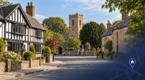 Mortgage Broker in Prestbury, illustrated by traditional village buildings, a sandstone church tower and a blue location pin.