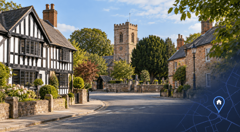 Mortgage Broker in Prestbury, illustrated by traditional village buildings, a sandstone church tower and a blue location pin.