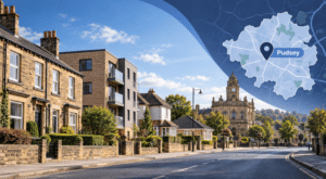 Mortgage Broker in Pudsey hero image showing a West Yorkshire residential street, Pudsey Town Hall, and a Pudsey location map with pin.