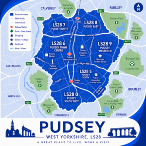 A square, blue-themed postcode map of Pudsey in West Yorkshire, styled with curved branded borders. The map highlights postcode area LS28, with subdivisions including LS28 0, LS28 5, LS28 6, LS28 7, LS28 8, and LS28 9. Major roads such as the A647, A657, A6110, and A583 are labelled, along with key routes like Bradford Road, Church Lane, Tong Road, and Robin Lane. Pudsey town centre is marked near the middle, with Pudsey railway station and Pudsey South station indicated. Landmarks such as Pudsey Market, Pudsey Shopping Centre, and Pudsey Cenotaph are shown. Nearby areas including Farsley, Bramley, Stanningley, Calverley, and Greengates are labelled. Green spaces such as Pudsey Park, Hainsworth Park, Calverley Grounds, and Farnley Hall Park are shown in green, with the River Aire running along the western side. The design uses layered blue tones with white text and clean boundary lines for clarity.