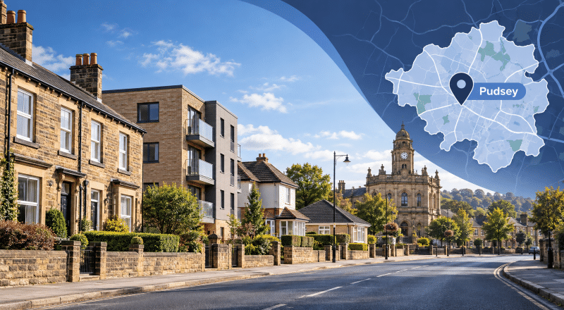 Mortgage Broker in Pudsey hero image showing a West Yorkshire residential street, Pudsey Town Hall, and a Pudsey location map with pin.