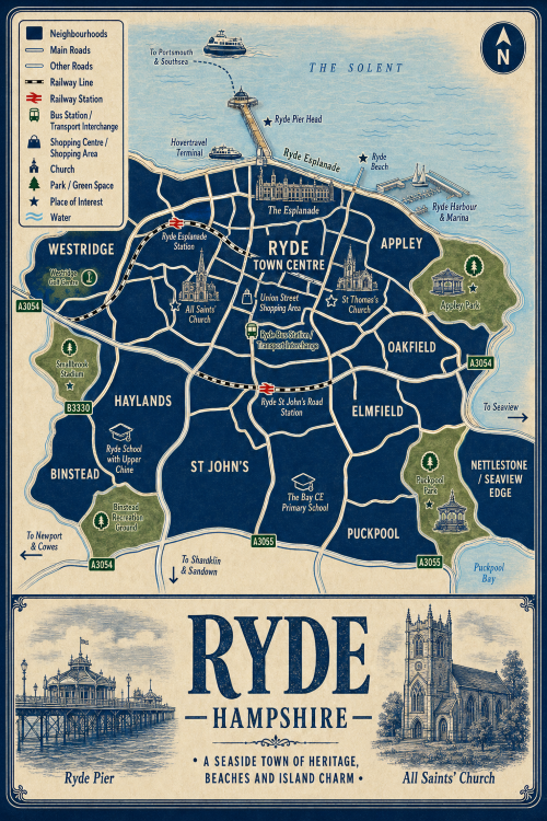 Vintage illustrated map poster of Ryde, Hampshire, with a cream parchment background and dark navy neighbourhood areas centred on Ryde Town Centre. The map shows labelled roads, railway lines, Ryde Esplanade Station, Ryde St John’s Road Station, Ryde Pier Head, bus and transport interchange, ferry routes, shopping areas, churches, parks, beaches, harbour, marina and coastal waters. Surrounding areas include Westridge, Appley, Oakfield, Elmfield, St John’s, Haylands, Binstead, Puckpool and Nettlestone/Seaview Edge. Key landmarks include Ryde Pier, The Esplanade, Hovertravel Terminal, Union Street Shopping Area, All Saints’ Church, St Thomas’s Church, Ryde Beach, Appley Park, Puckpool Park, Smallbrook Stadium and Ryde Harbour and Marina. A decorative lower panel reads “RYDE, HAMPSHIRE” with engraved-style illustrations of Ryde Pier and All Saints’ Church, plus the subtitle “A seaside town of heritage, beaches and island charm.”