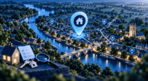 Mortgage Broker in St Ives – Cambridgeshire location map with home search pin, river, bridge and local property icons