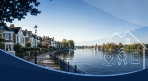 Mortgage Broker in Walton-On-Thames with riverside homes, property keys, location pin and mortgage checklist icons