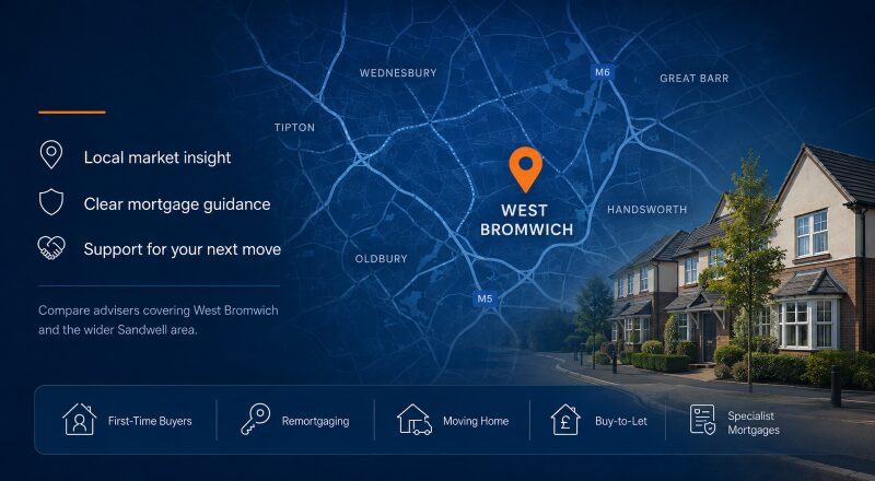 Mortgage broker in West Bromwich hero image featuring a local map with a West Bromwich location pin, residential homes and mortgage service icons.