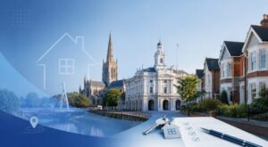 Mortgage Adviser in Chelmsford hero image featuring Chelmsford landmarks, local homes, house keys and mortgage document icons.