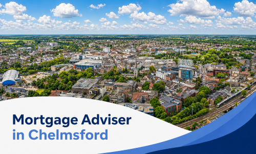Mortgage Adviser in Chelmsford banner showing a bright summer aerial view of the town centre, church spire, railway line, surrounding greenery, and realistic fluffy clouds, with a white curved text panel, two-tone blue title, and blue wave graphics.